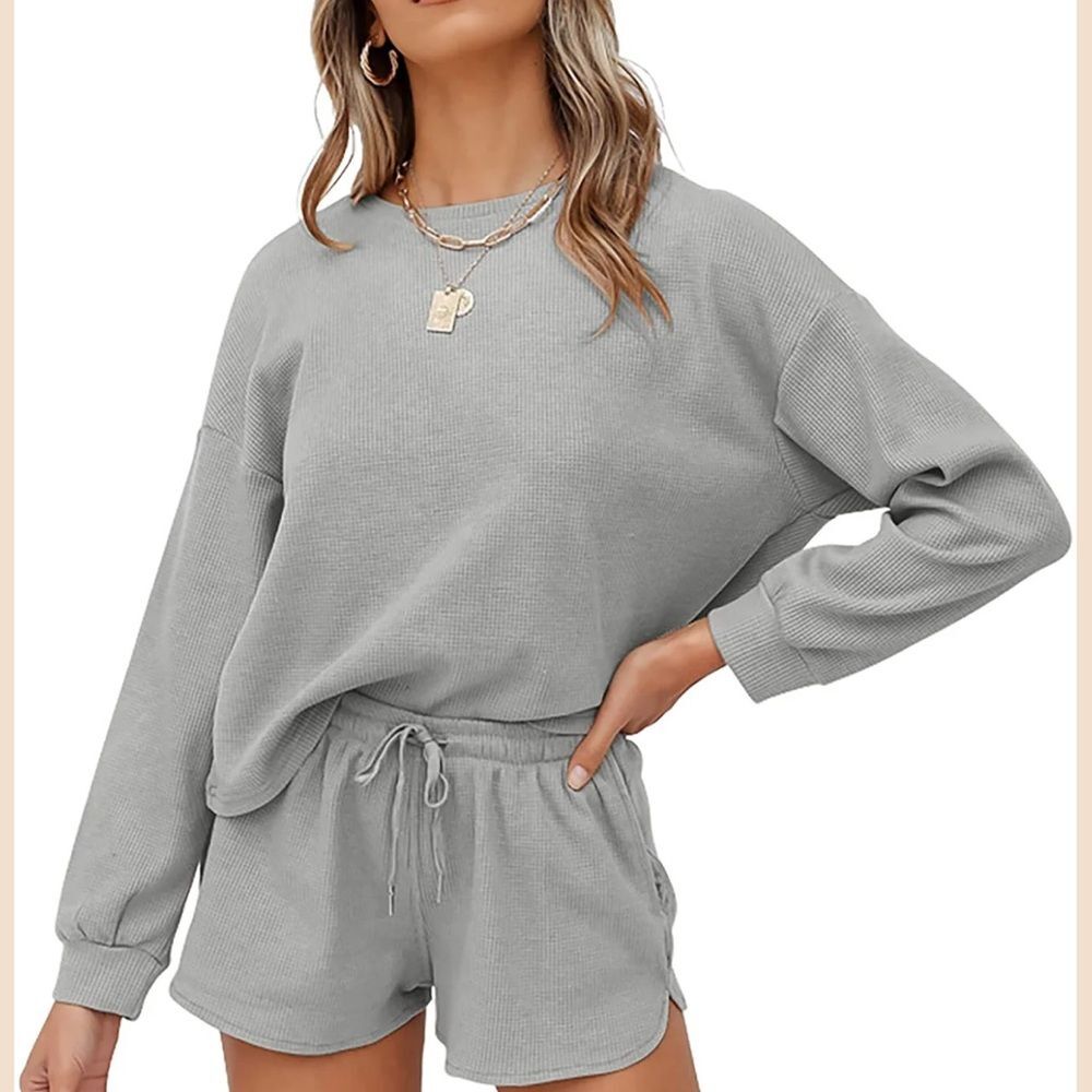 Zesica Pajama 2 piece Set Gray Long Sleeve Waffle Weave Shorts loungewear
